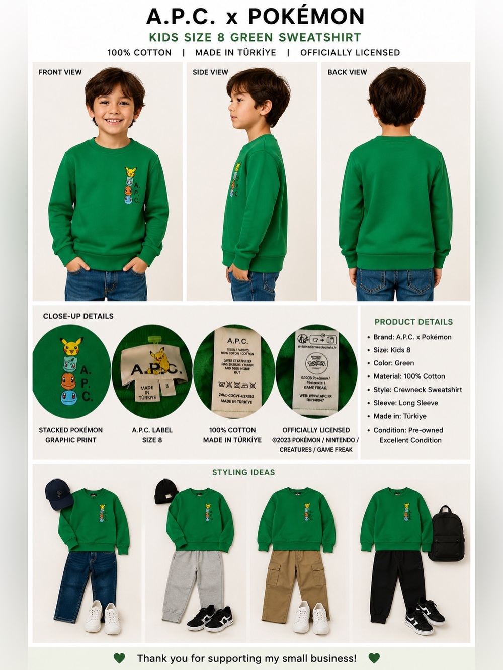 A.P.C. x Pokémon Kids Size 8 Green Pikachu Graphic Crewneck Sweatshirt